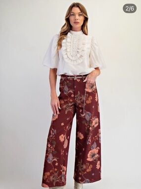 Easel Floral pants Wide-Leg Maroon NWT